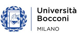 Bocconi university logo. Letters in black.Crest in white and darkish blue