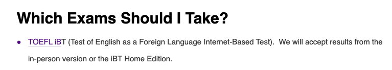 A screenshot of the New York University website in which it's disclosed that they accept the TOEFL iBT Home Edition as a valid option